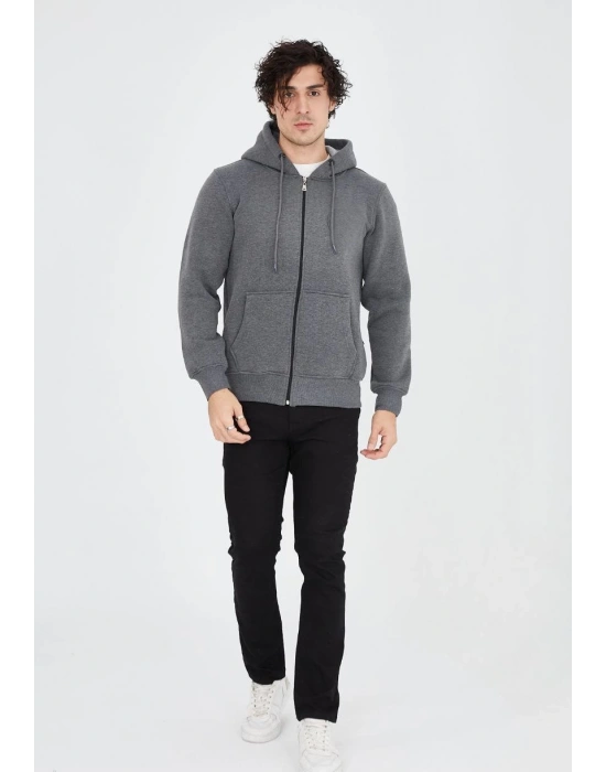 ERKEK Tam Fermuarlı Kapşonlu  SweatShirt - Füme