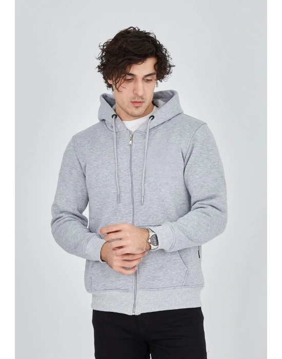 ERKEK Tam Fermuarlı Kapşonlu  SweatShirt - Gri