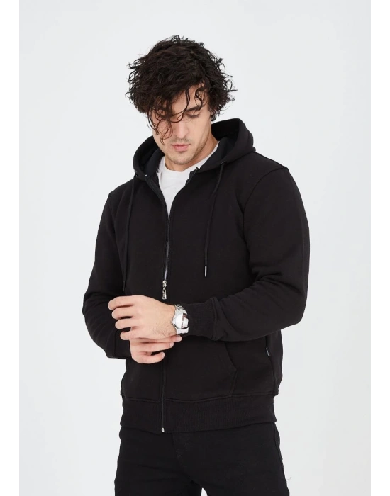 ERKEK Tam Fermuarlı Kapşonlu  SweatShirt - Siyah