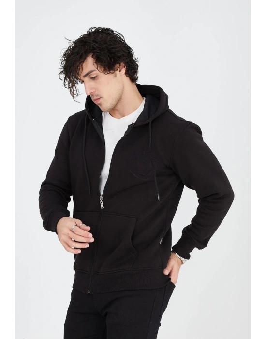 ERKEK Tam Fermuarlı Kapşonlu  SweatShirt - Siyah