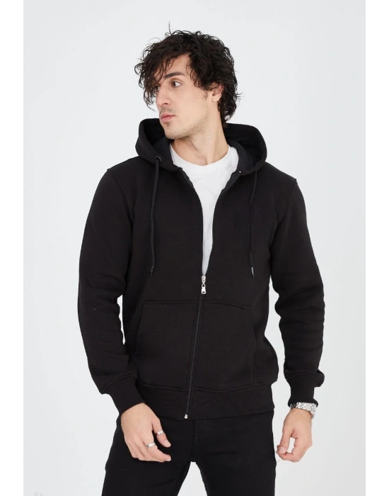 ERKEK Tam Fermuarlı Kapşonlu  SweatShirt - Siyah