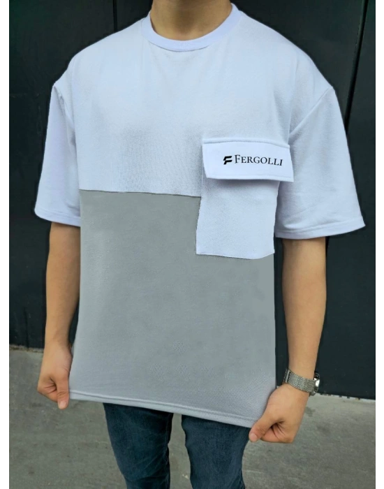 ERKEK Torba Cep Detaylı  Parçalı T-Shirt - Gri
