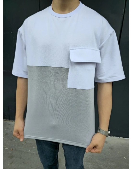 Unisex Torba Cep Detaylı Parçalı T-Shirt - Gri