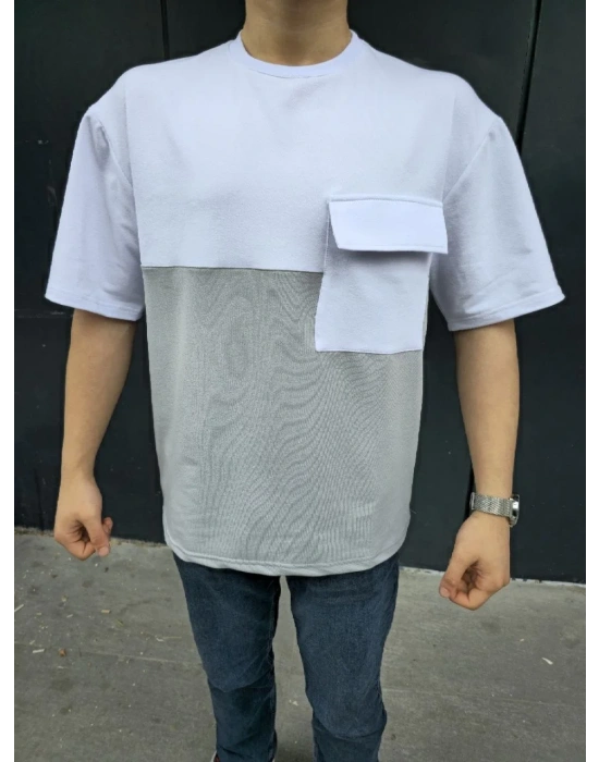 Unisex Torba Cep Detaylı Parçalı T-Shirt - Gri