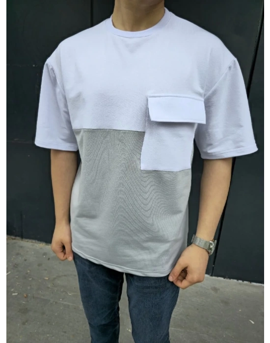 Unisex Torba Cep Detaylı Parçalı T-Shirt - Gri