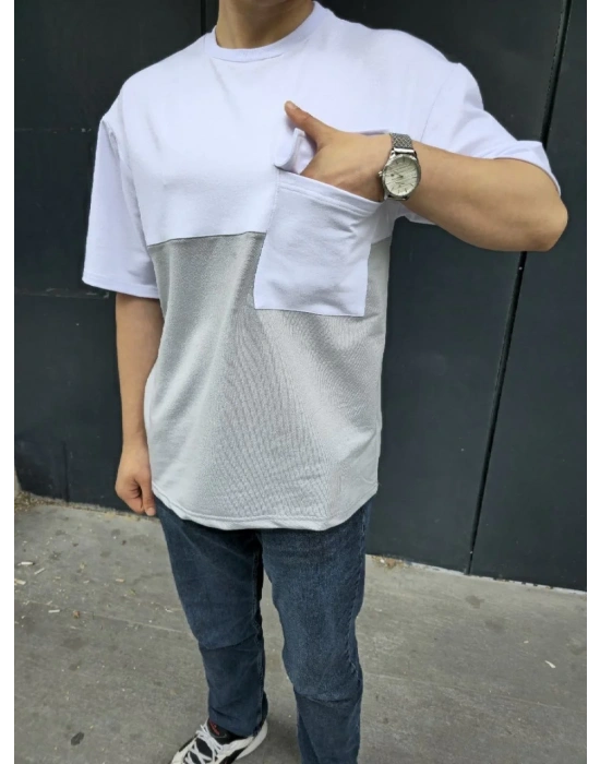 Unisex Torba Cep Detaylı Parçalı T-Shirt - Gri