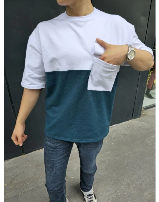 Unisex Torba Cep Detaylı Parçalı T-Shirt - Lacivert