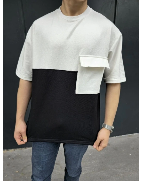 Unisex Torba Cep Detaylı Parçalı T-Shirt - Siyah