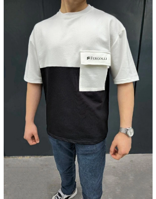 ERKEK Torba Cep Detaylı  Parçalı T-Shirt - Siyah