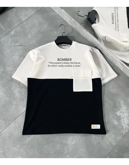 ERKEK Torba Cep Detaylı  Parçalı T-Shirt - Siyah