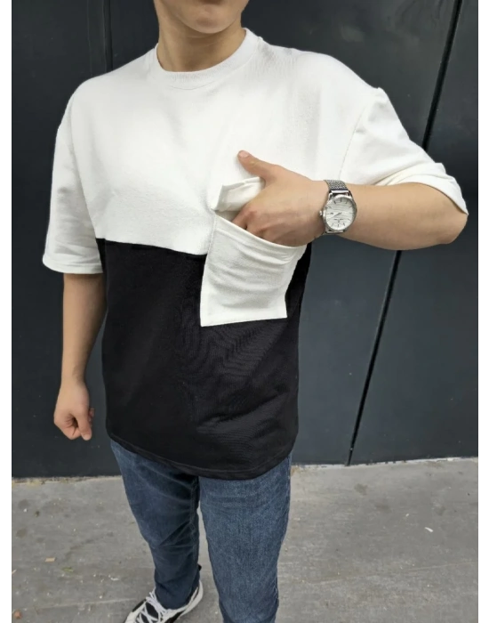 Unisex Torba Cep Detaylı Parçalı T-Shirt - Siyah