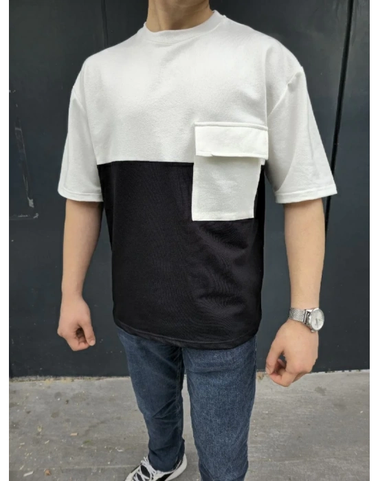 Unisex Torba Cep Detaylı Parçalı T-Shirt - Siyah