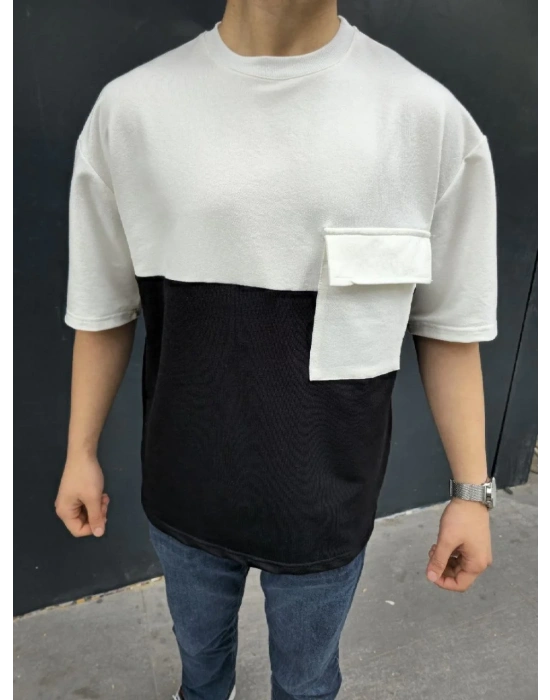 Unisex Torba Cep Detaylı Parçalı T-Shirt - Siyah