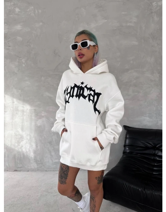 kadın Üç İplik Kapüşonlu Baskılı SweatShirt - Beyaz