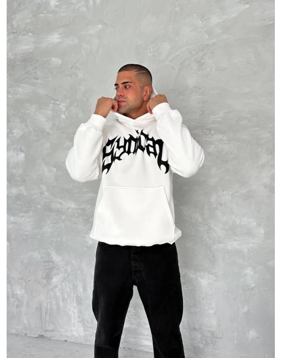 ERKEK Üç İplik Kapüşonlu Baskılı SweatShirt - Beyaz