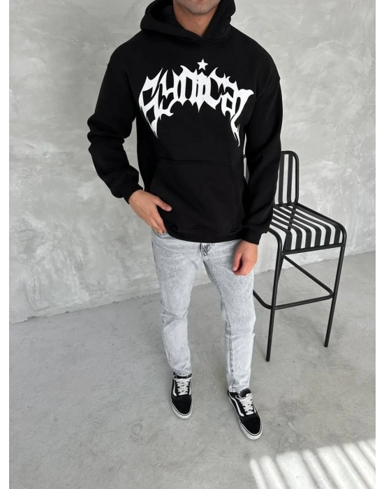 ERKEK Üç İplik Kapüşonlu Baskılı SweatShirt - Siyah