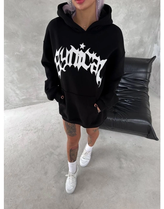 Kadın Üç İplik Kapüşonlu Baskılı SweatShirt - Siyah