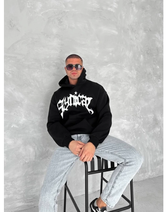 ERKEK Üç İplik Kapüşonlu Baskılı SweatShirt - Siyah