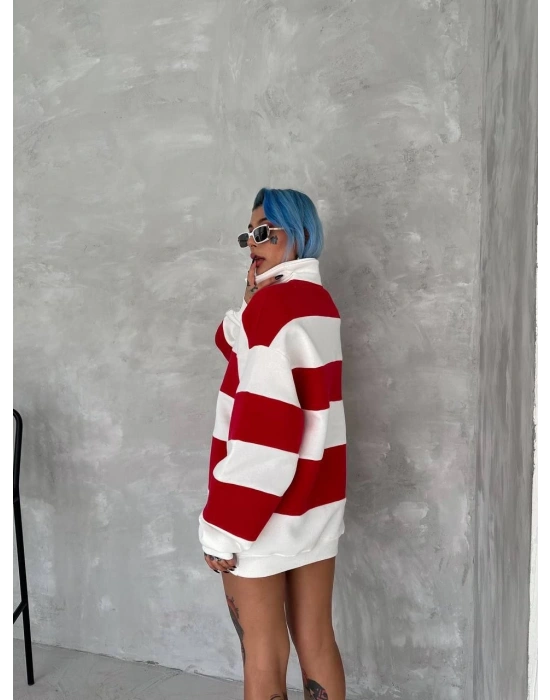 Kadın Üç İplik Parçalı Yakalı SweatShirt - Kırmızı