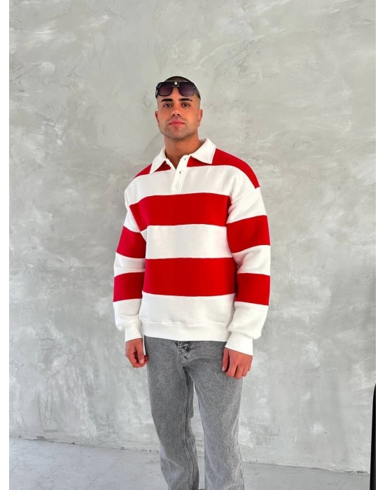 Erkek Üç İplik Parçalı Yakalı SweatShirt - Kırmızı