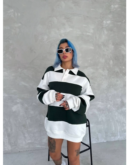 Kadın Üç İplik Parçalı Yakalı SweatShirt - Yeşil