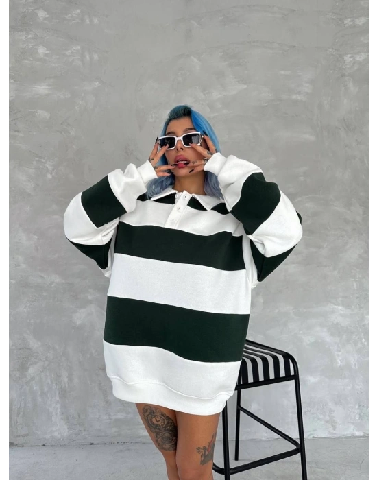 Kadın Üç İplik Parçalı Yakalı SweatShirt - Yeşil