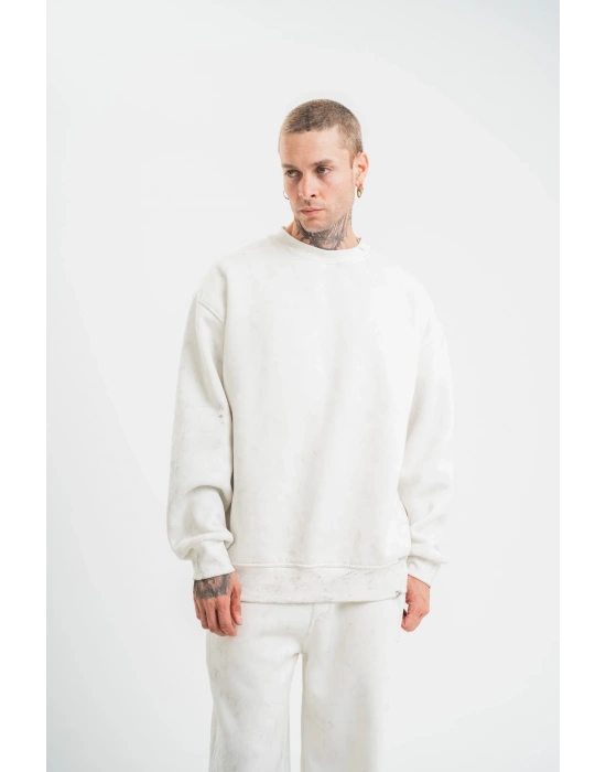 ERKEK Uzun Kol Bisiklet Yaka Yıkamalı SweatShirt - Beyaz