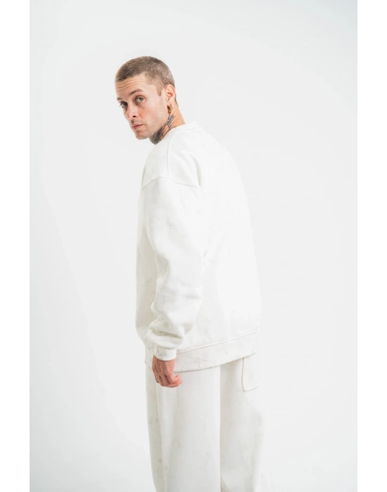 ERKEK Uzun Kol Bisiklet Yaka Yıkamalı SweatShirt - Beyaz