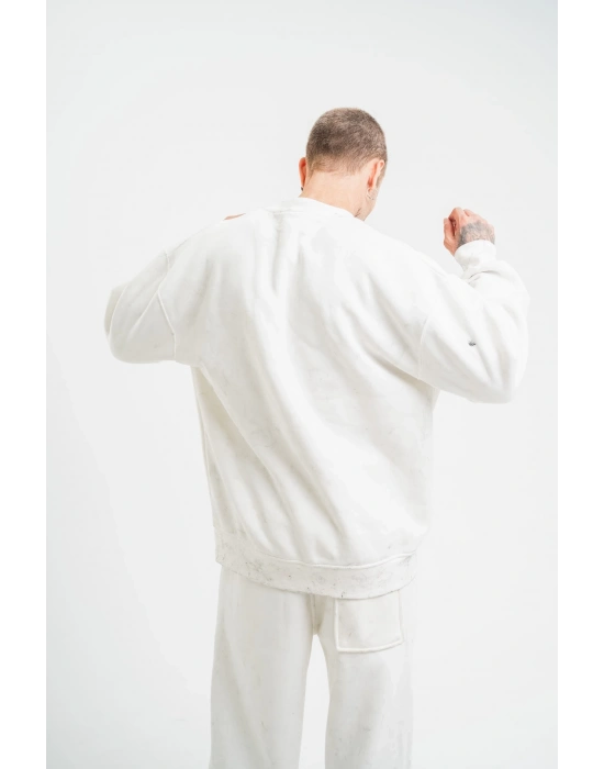 ERKEK Uzun Kol Bisiklet Yaka Yıkamalı SweatShirt - Beyaz