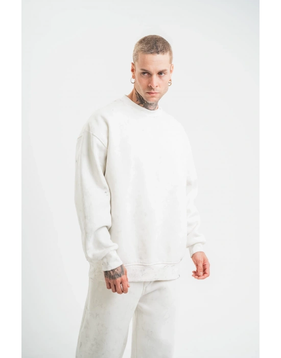 ERKEK Uzun Kol Bisiklet Yaka Yıkamalı SweatShirt - Beyaz