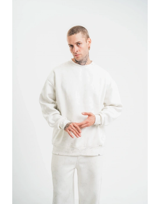 ERKEK Uzun Kol Bisiklet Yaka Yıkamalı SweatShirt - Beyaz