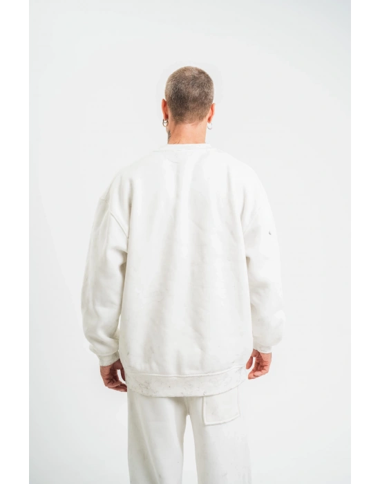 ERKEK Uzun Kol Bisiklet Yaka Yıkamalı SweatShirt - Beyaz