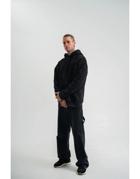 ERKEK Uzun Kol Kapşonlu Yıkamalı Nakışlı SweatShirt - Siyah