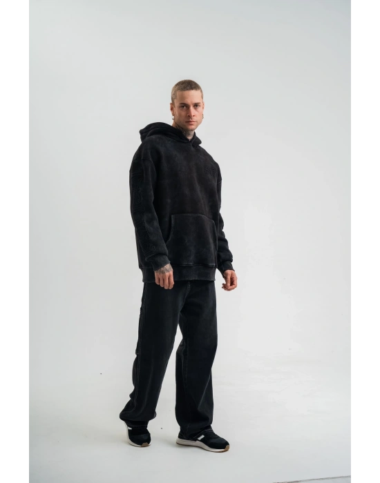 ERKEK Uzun Kol Kapşonlu Yıkamalı Nakışlı SweatShirt - Siyah