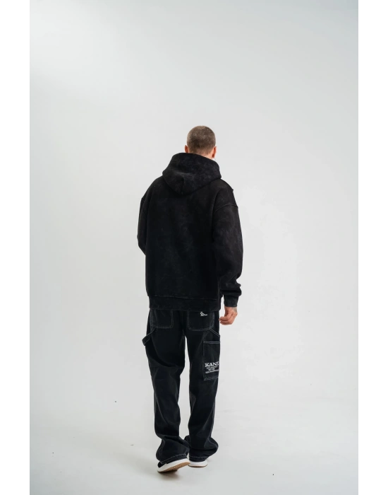 ERKEK Uzun Kol Kapşonlu Yıkamalı Nakışlı SweatShirt - Siyah