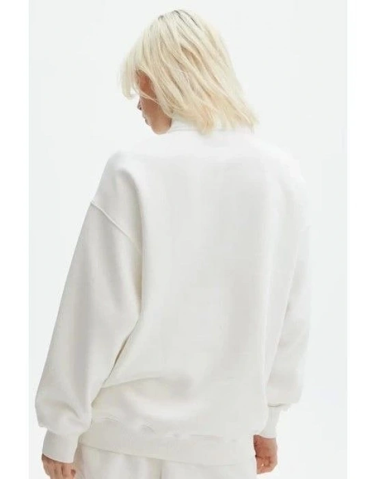 Kadın Uzun Kol Yarım Farmuarlı Yakalı Basic SweatShirt - Beyaz