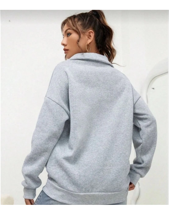 Kadın Uzun Kol Yarım Farmuarlı Yakalı Basic SweatShirt - Gri