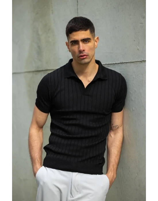 Erkek  V Yakalı Triko T-Shirt - Siyah