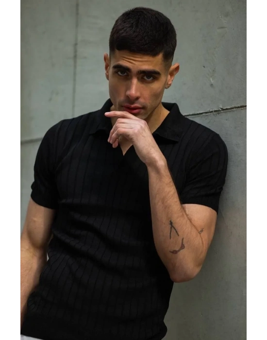 Erkek  V Yakalı Triko T-Shirt - Siyah