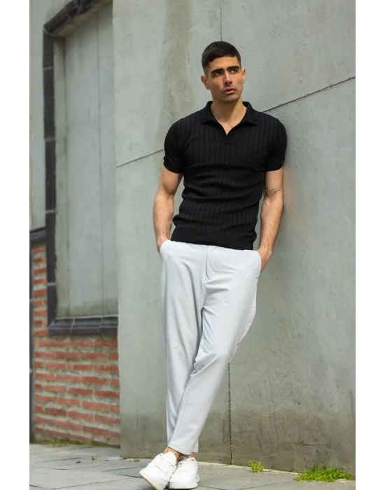 Erkek  V Yakalı Triko T-Shirt - Siyah