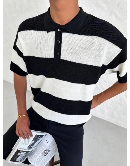 Erkek Yakalı Düğmeli Triko T-Shirt - Siyah