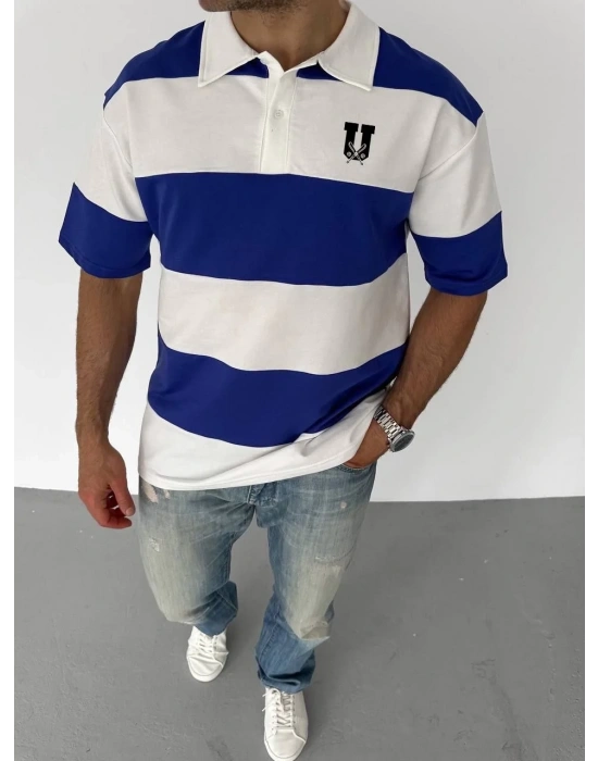 Unisex Yakalı Parçalı ve Baskılı T-shirt - Mavi