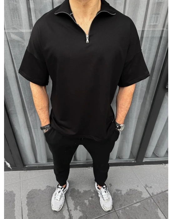 Unisex Yarım Fermuarlı Basic T-Shirt - Siyah