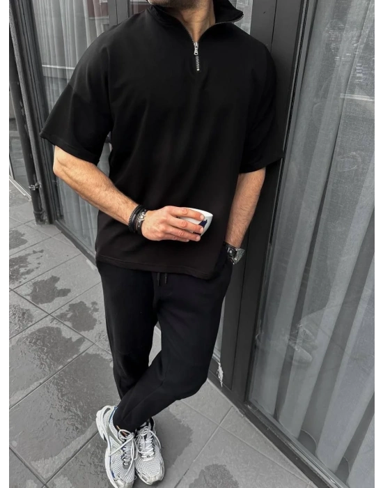 Unisex Yarım Fermuarlı Basic T-Shirt - Siyah