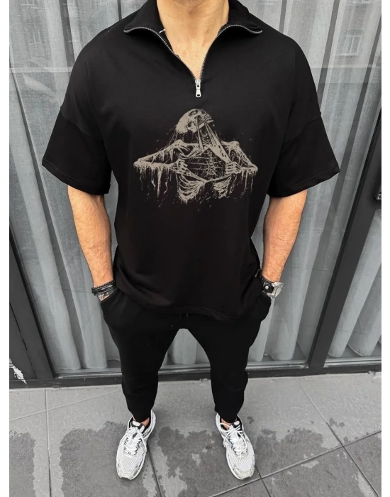 Unisex Yarım Fermuarlı Baskılı Oversize T-Shirt - Siyah