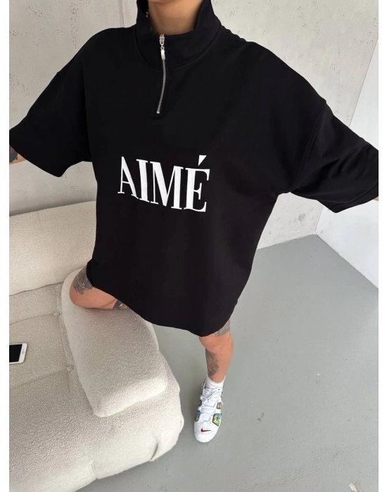 Kadın Yarım Fermuarlı Baskılı T-Shirt - Siyah