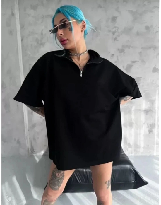 Unisex Yarım Fermuarlı Düz Oversize T-Shirt - Siyah