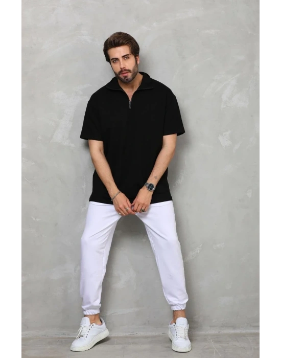 Unisex Yarım Fermuarlı Düz Oversize T-shirt - Siyah