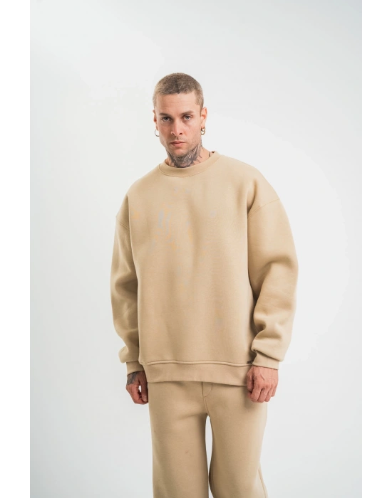 Uzun Kol Bisiklet Yaka Basic SweatShirt - Bej