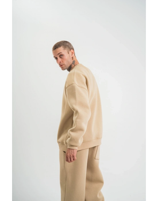 Uzun Kol Bisiklet Yaka Basic SweatShirt - Bej